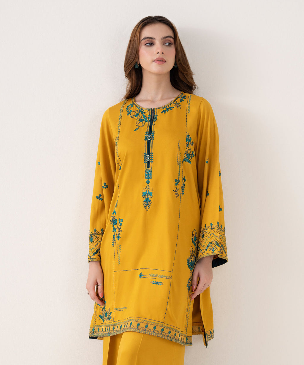 Women's RTW Viscose Marina Embroidered Straight Yellow Shirt