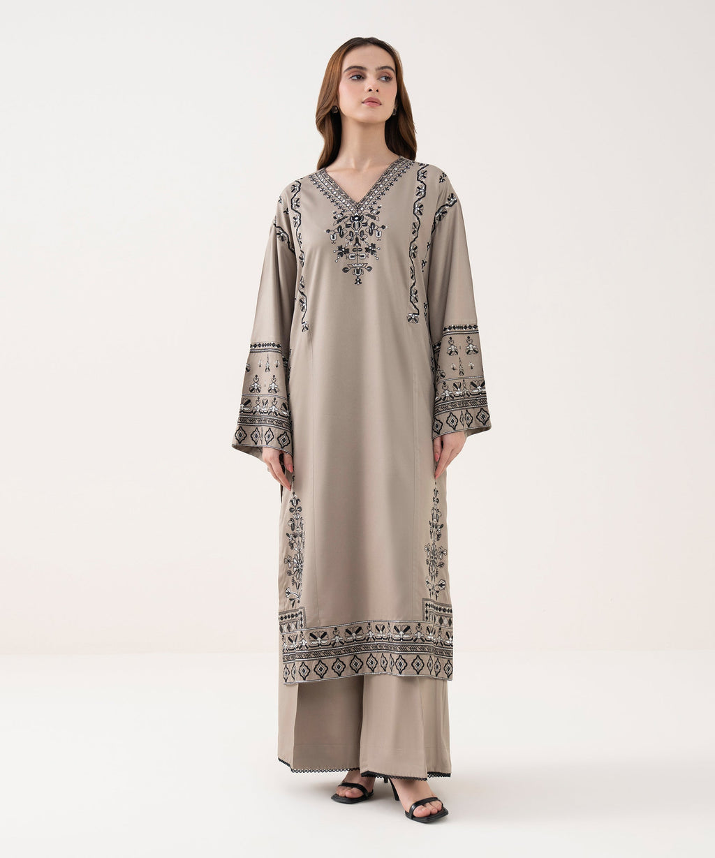 Women's RTW Viscose Marina Embroidered Straight Grey Shirt