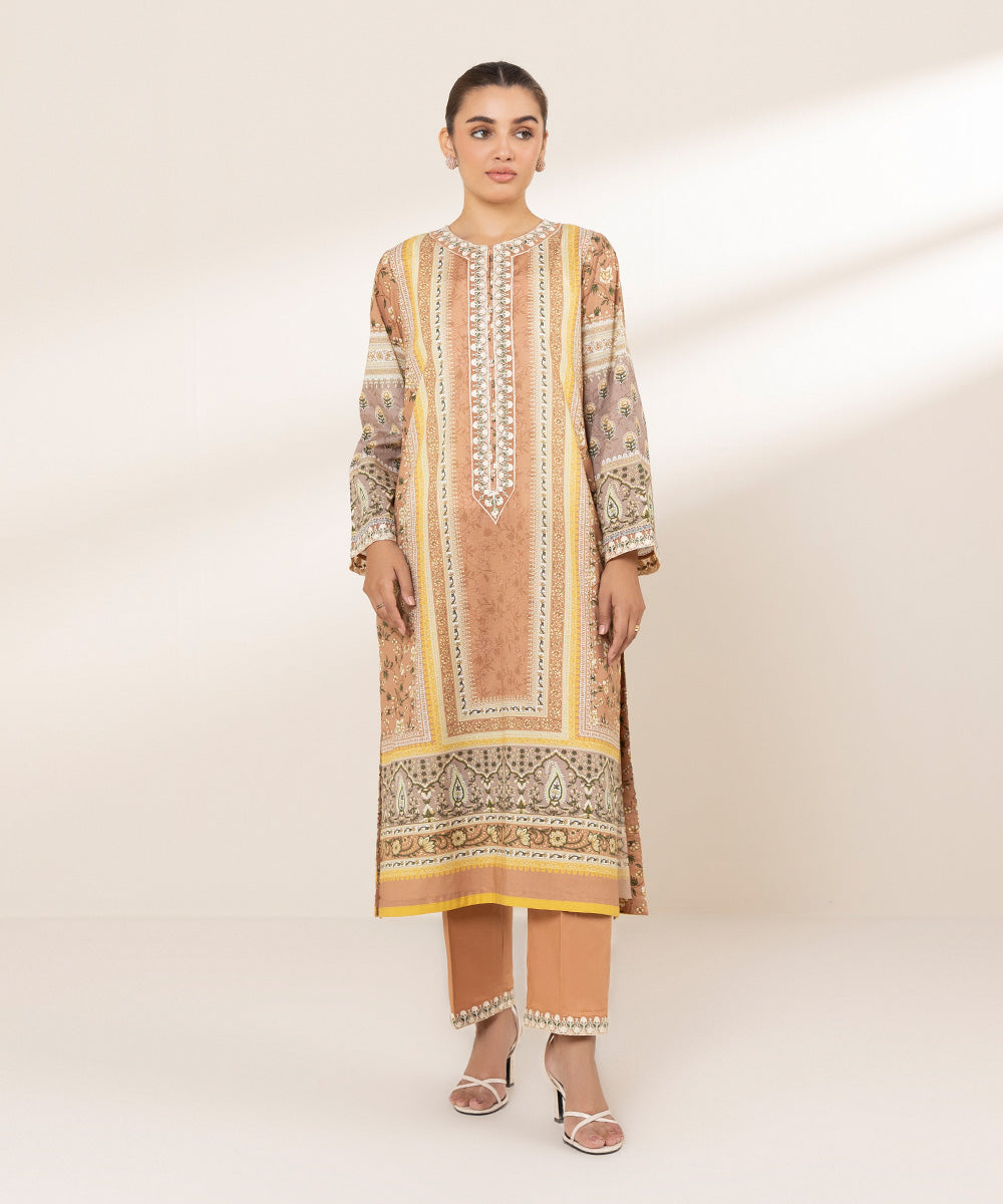 Women's RTW Textured Lawn Multi Embroidered A-Line Shirt