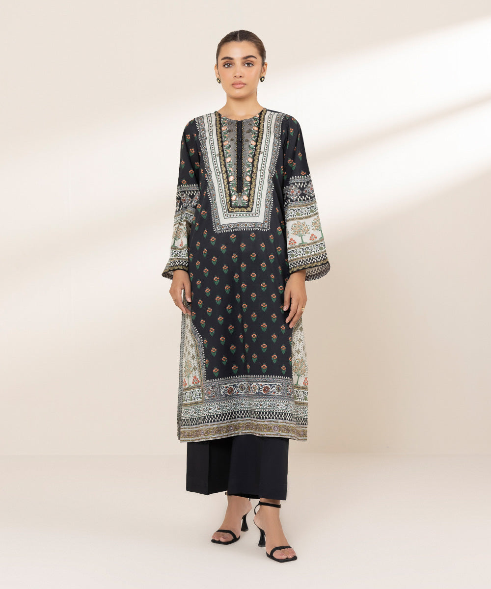 Women's RTW Textured Lawn Black Embroidered A-Line Shirt