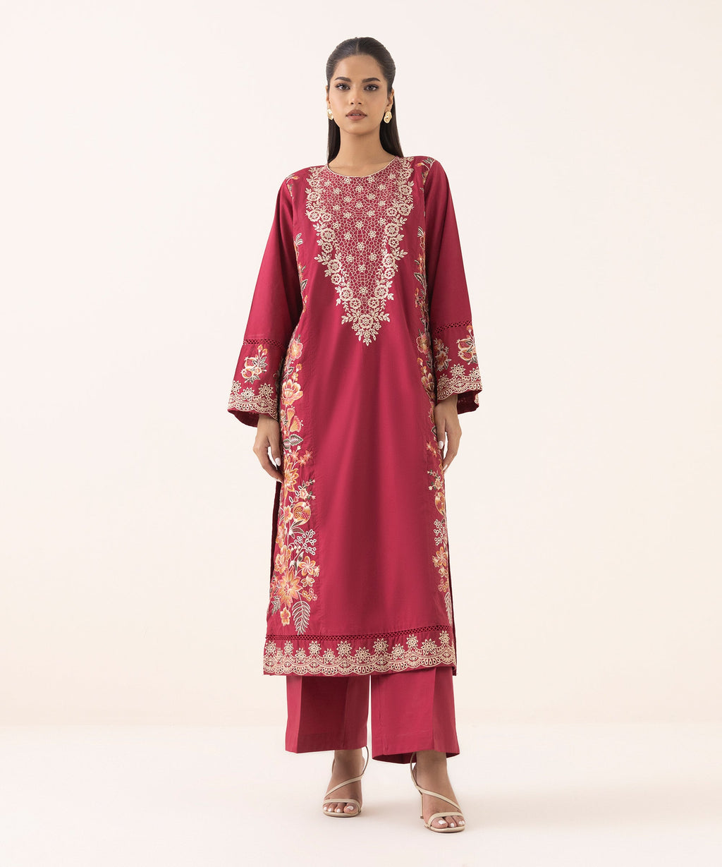 Women's RTW Cambric Pink Embroidered A-Line Shirt