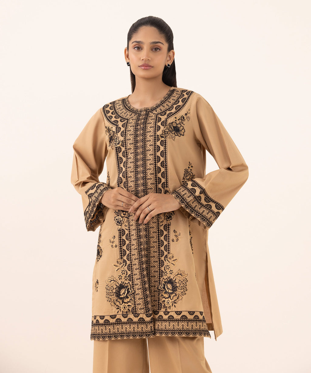 Women's RTW Cambric Beige Embroidered A-Line Shirt