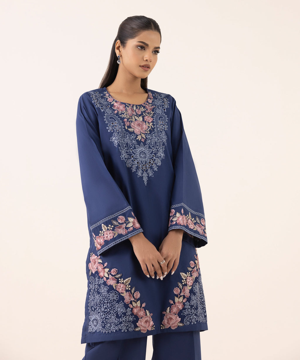 Women's RTW Cambric Blue Embroidered A-Line Shirt