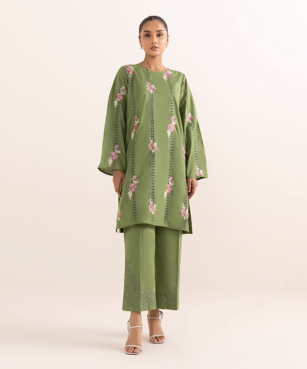 Women's RTW Cambric Green Embroidered A-Line Shirt