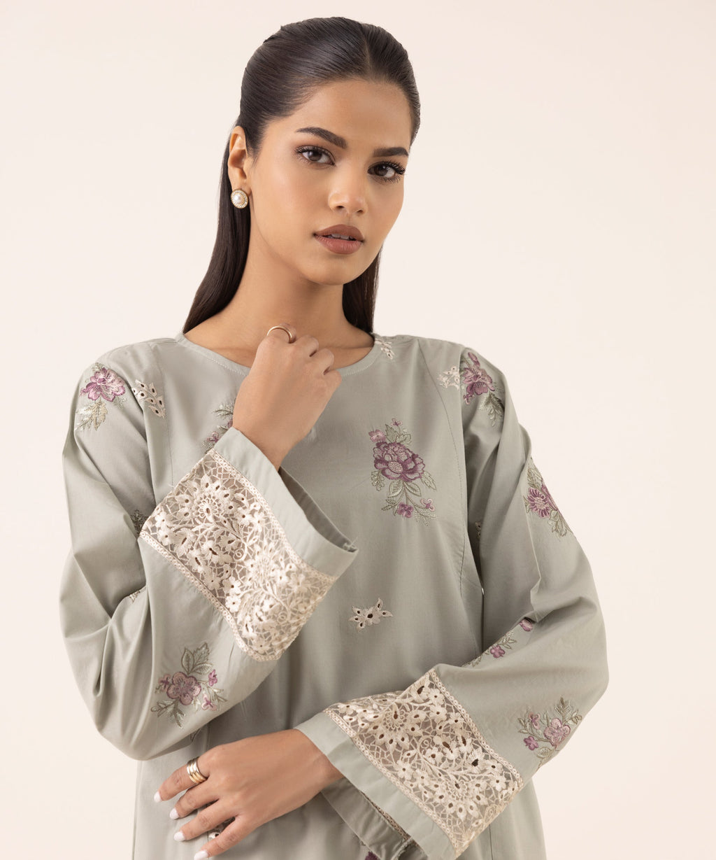 Women's RTW Cambric Grey Embroidered A-Line Shirt