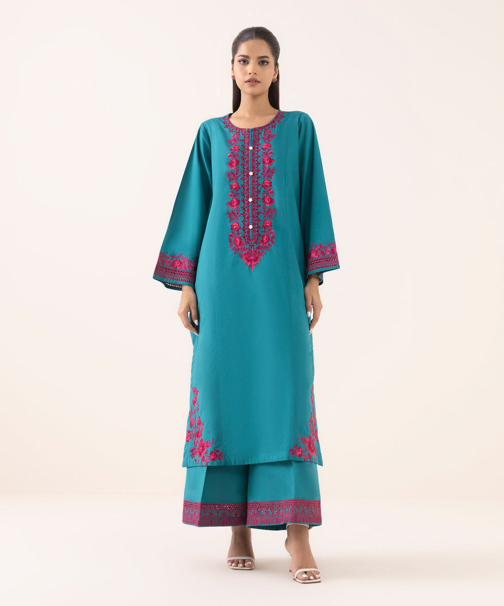 Women's RTW Cambric Blue Embroidered A-Line Shirt