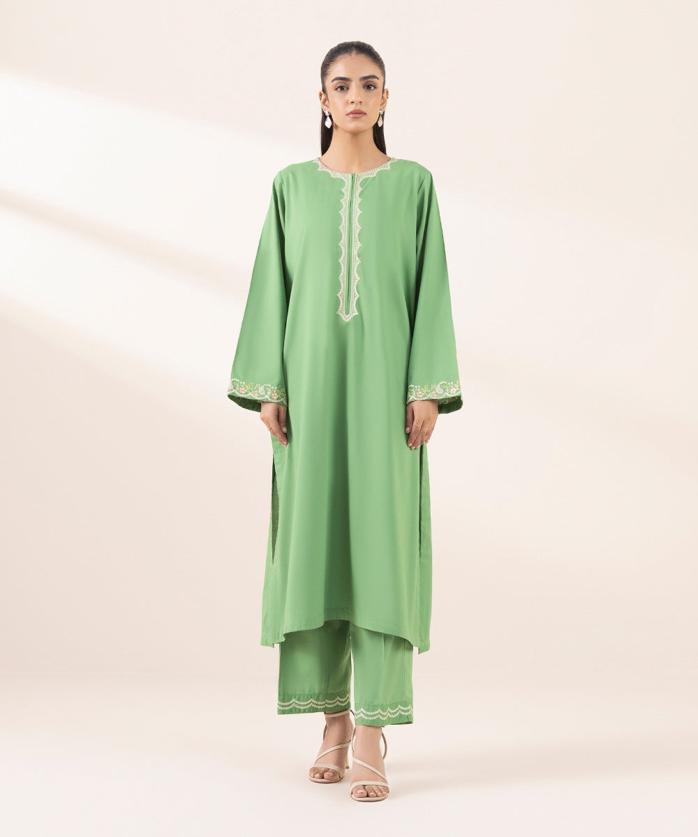 Women's RTW Cotton Viscose Green Embroidered A-Line Shirt