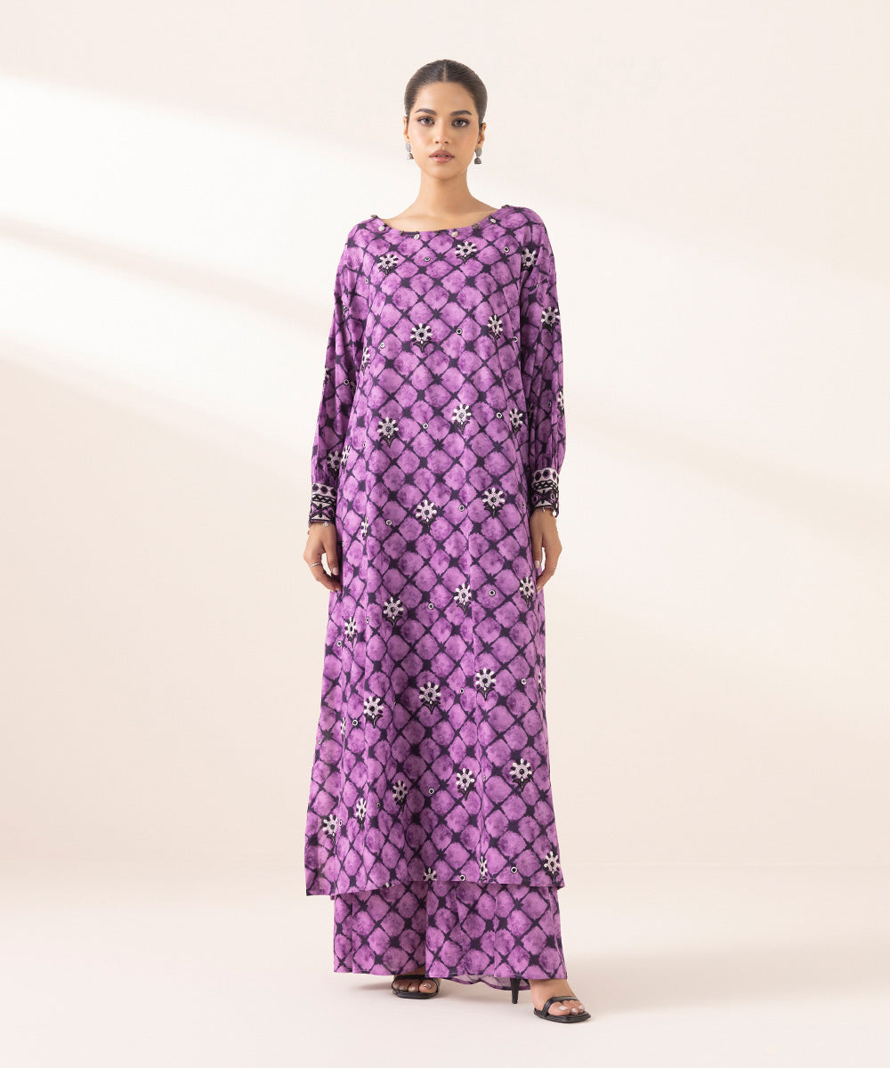 Women's RTW Cotton Viscose Purple Embroidered Boxy Shirt