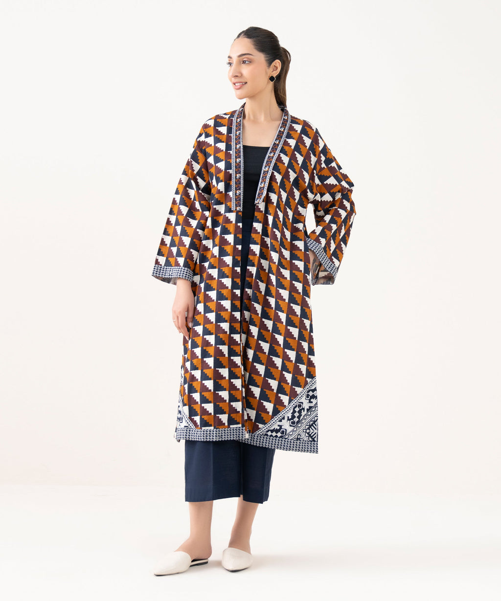 Women's RTW Light Khaddar Embroidered Brown Front Open Shirt
