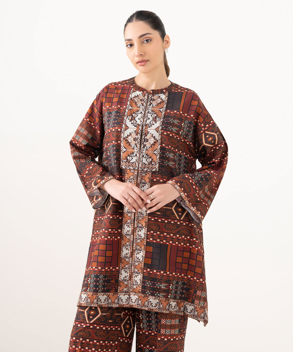 Women's RTW Light Khaddar Embroidered Brown Drop Shoulder Shirt