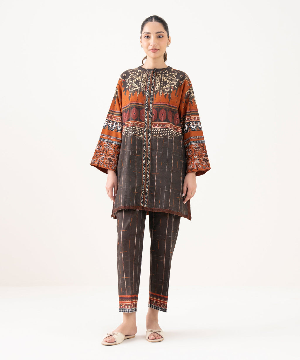 Women's RTW Light Khaddar Embroidered Rust Drop Shoulder Shirt