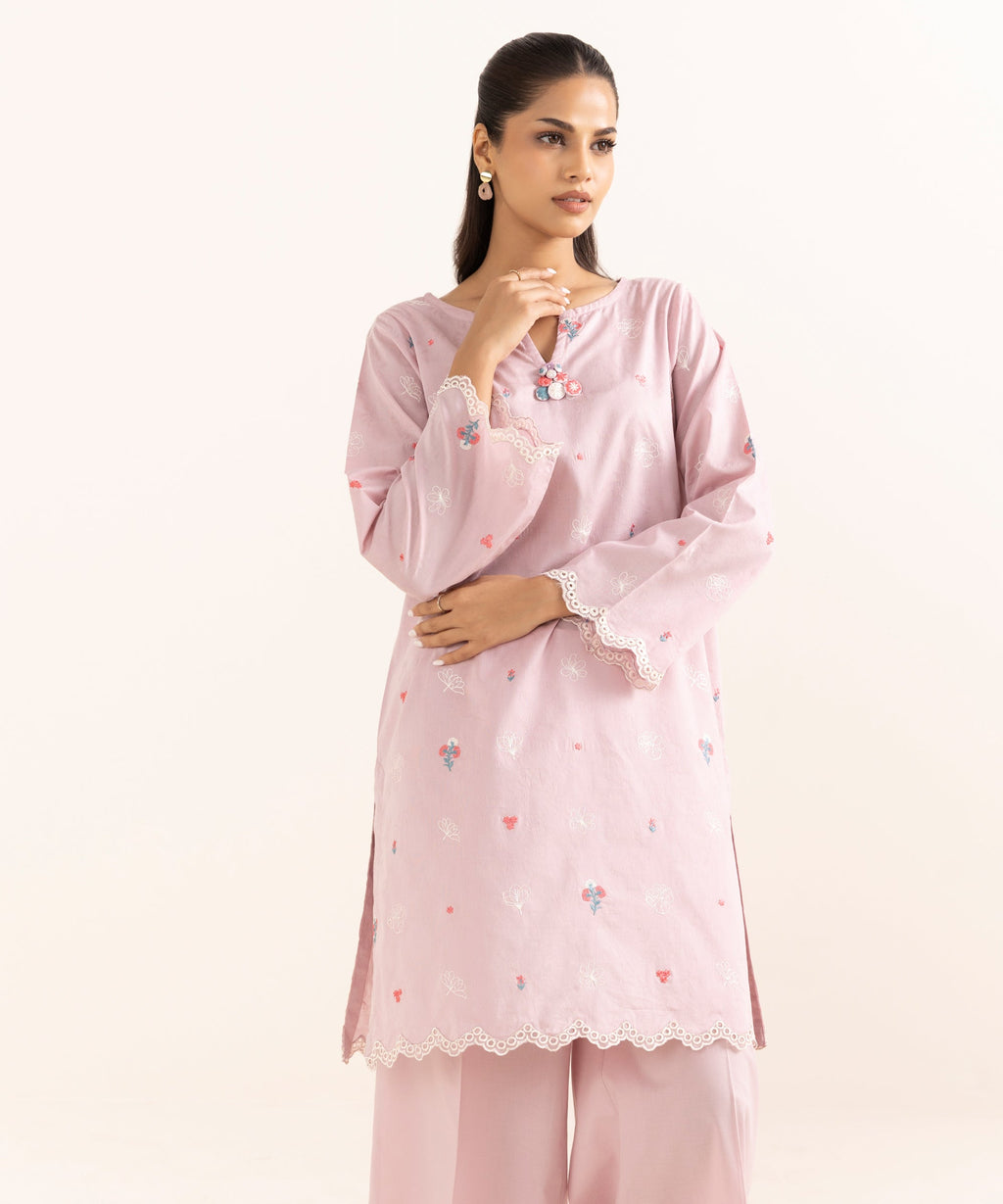 Women's RTW Cotton Jacquard Pink Embroidered A-Line Shirt