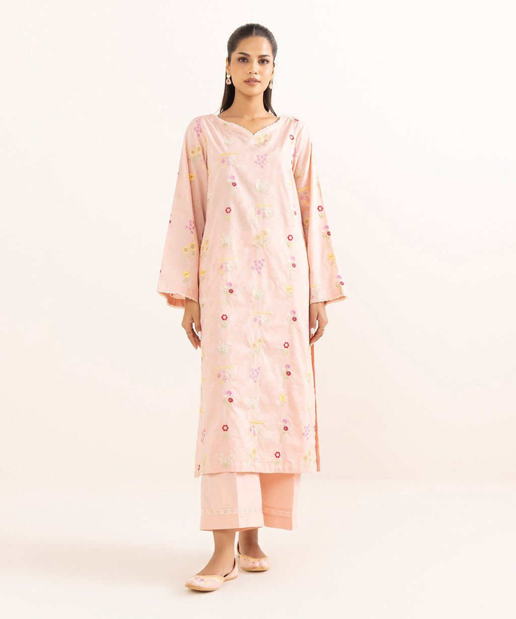 Women's RTW Cotton Jacquard Pink Embroidered A-Line Shirt