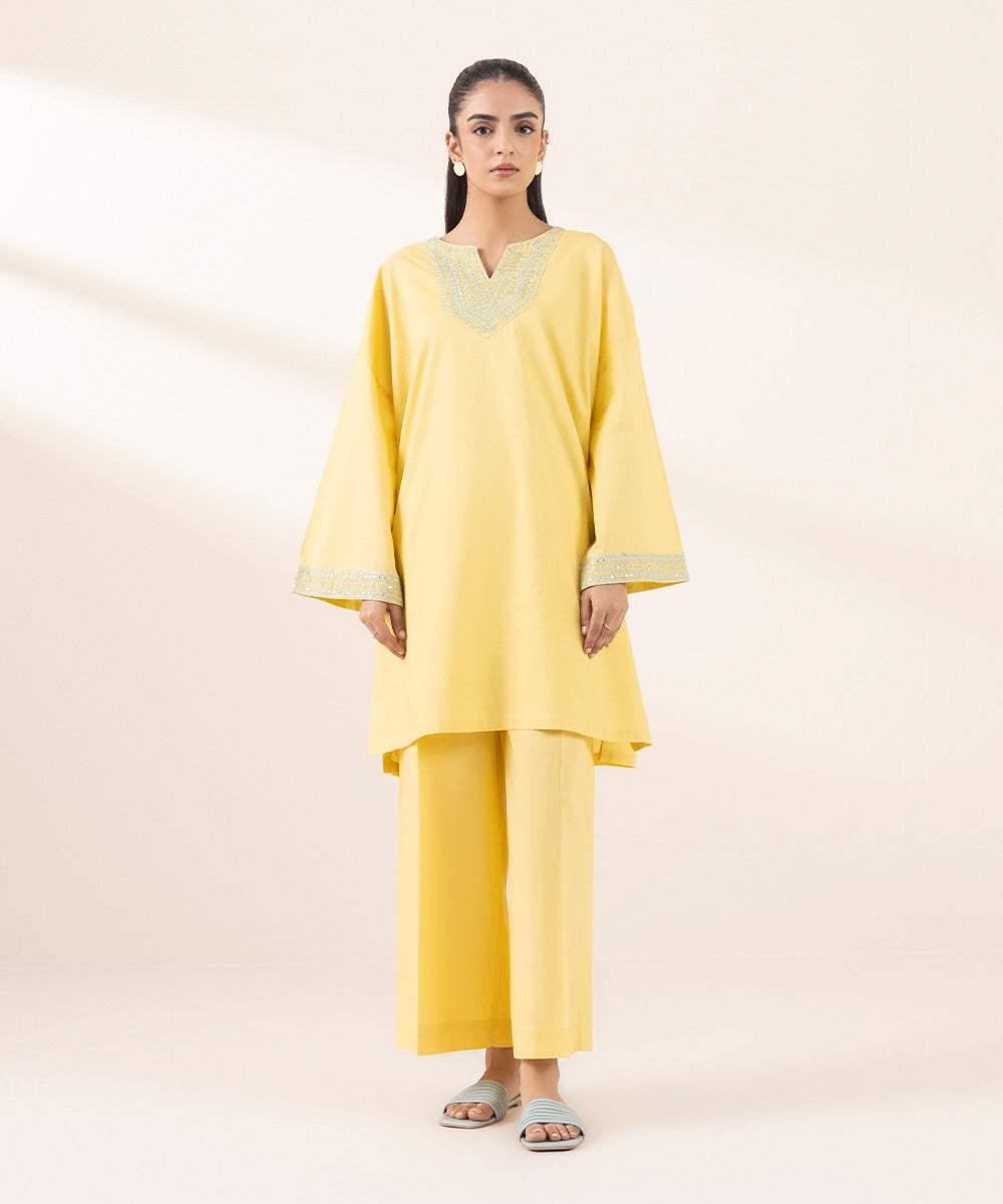 Women's RTW Dobby Yellow Embroidered Drop Shoulder Shirt