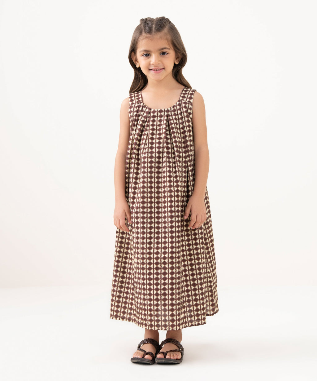 Girl's Light Khaddar Printed Brown A-Line Shirt