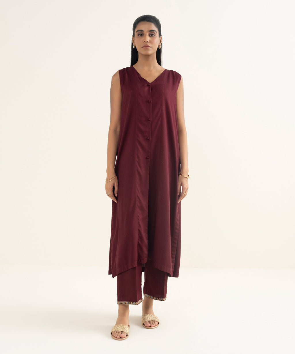 Women's RTW Bedford  Solid Maroon Straight Shirt