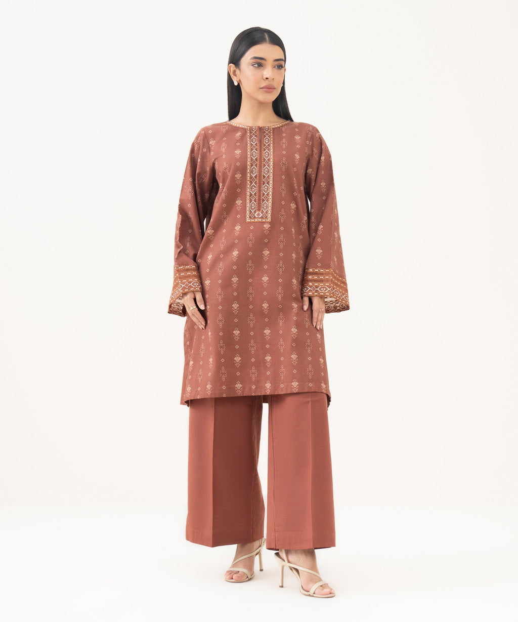 Women's RTW Light Khaddar Embroidered Brown Straight Shirt