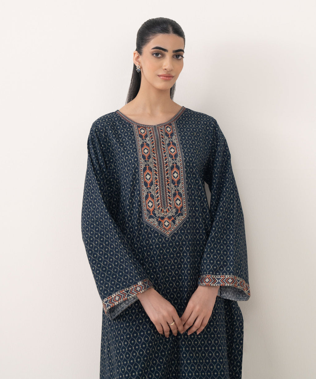 Women's RTW Light Khaddar Embroidered Blue Straight Shirt
