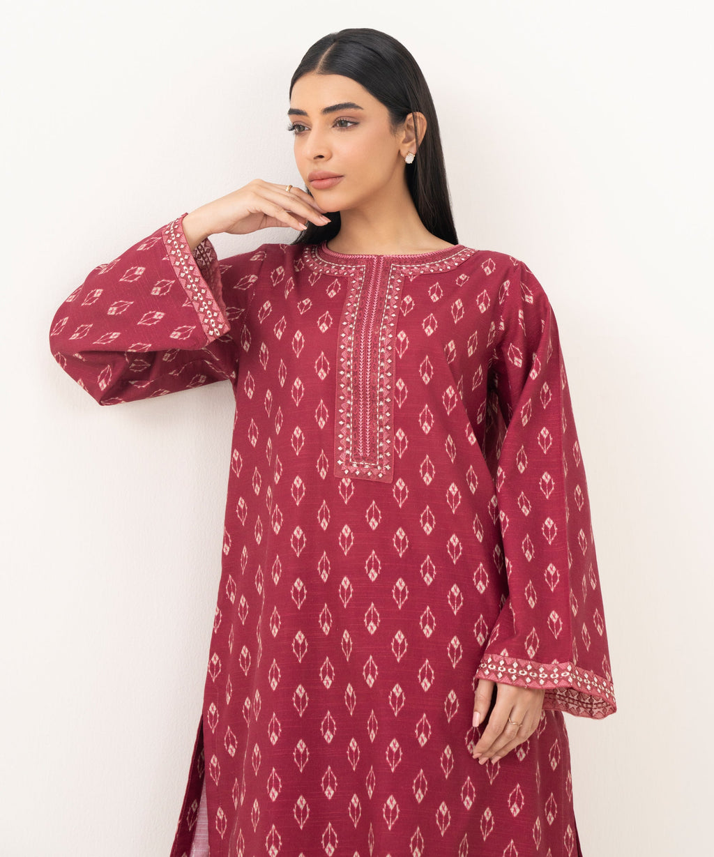 Women's RTW Light Khaddar Embroidered Maroon Straight Shirt