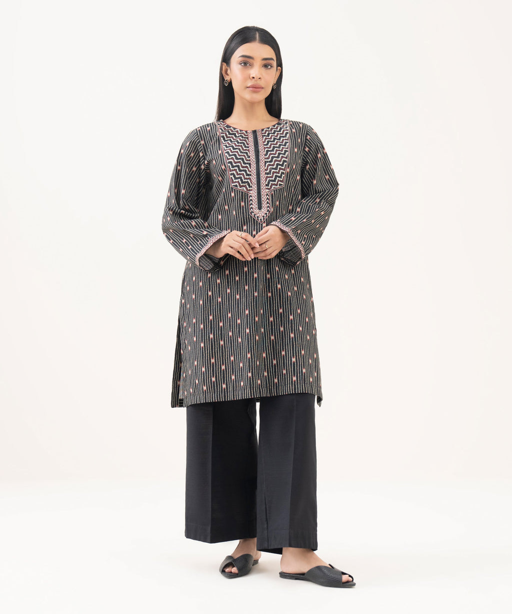 Women's RTW Light Khaddar Embroidered Black Straight Shirt