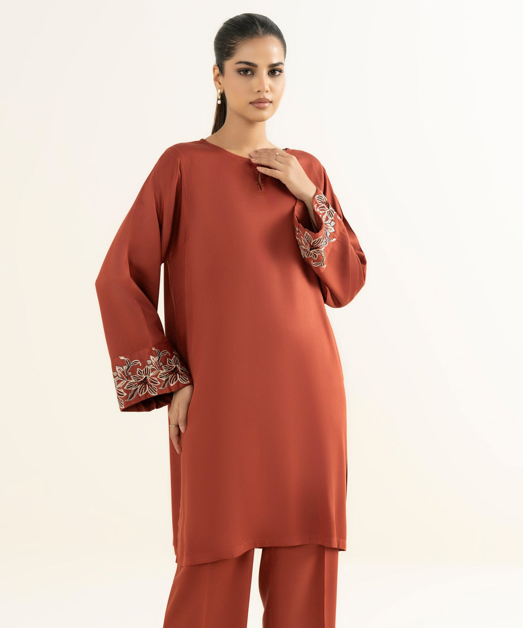 Women's RTW Bedford  Embroidered Rust Straight Shirt