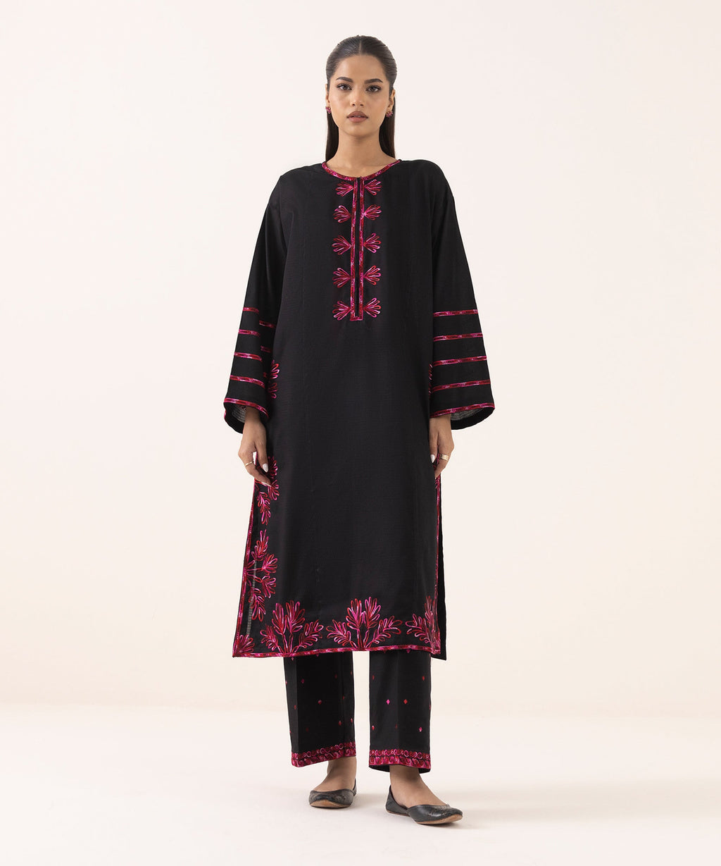 Women's RTW Dobby Black Embroidered Boxy Shirt