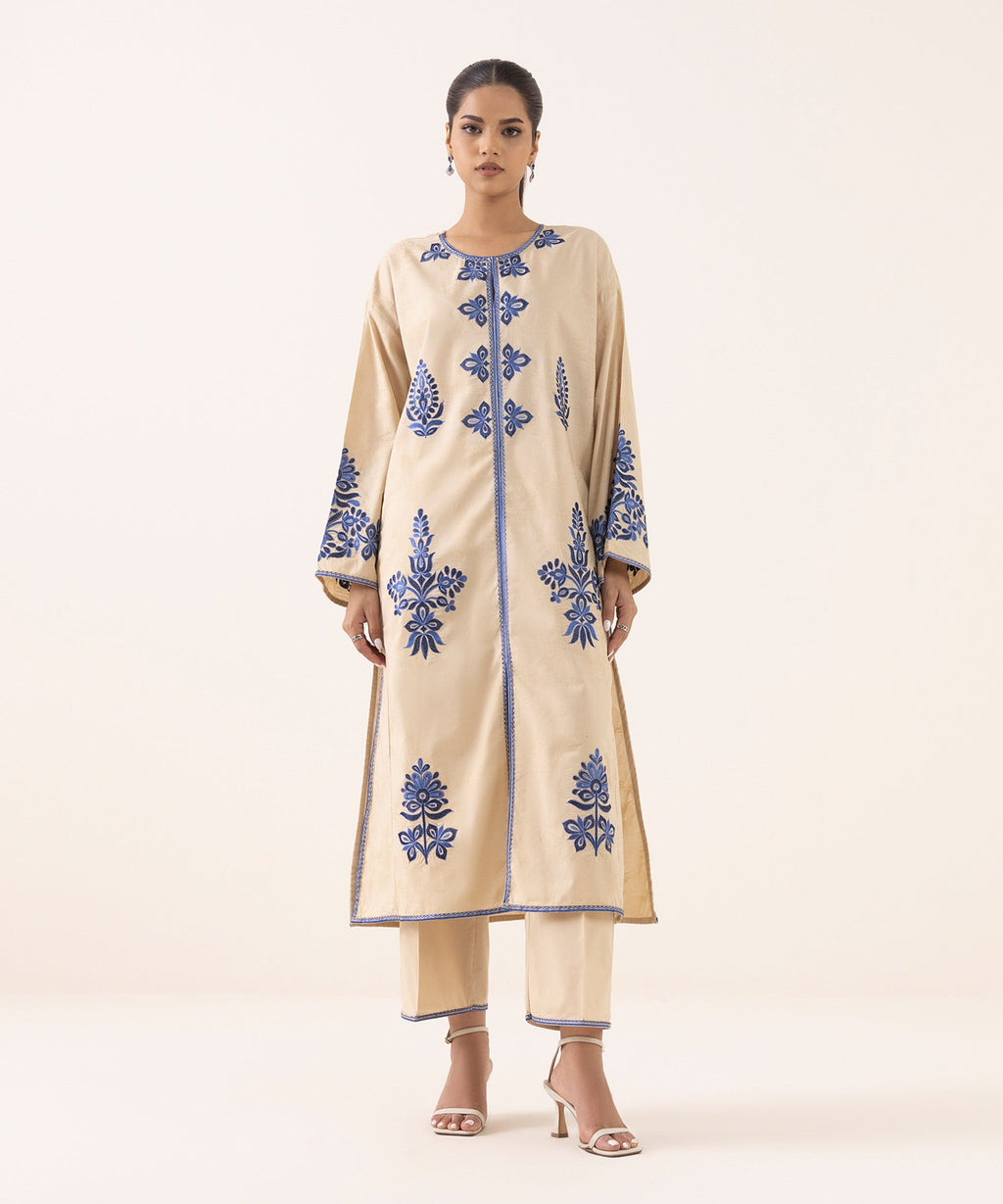 Women's RTW Cotton Jacquard Beige Embroidered Boxy Shirt