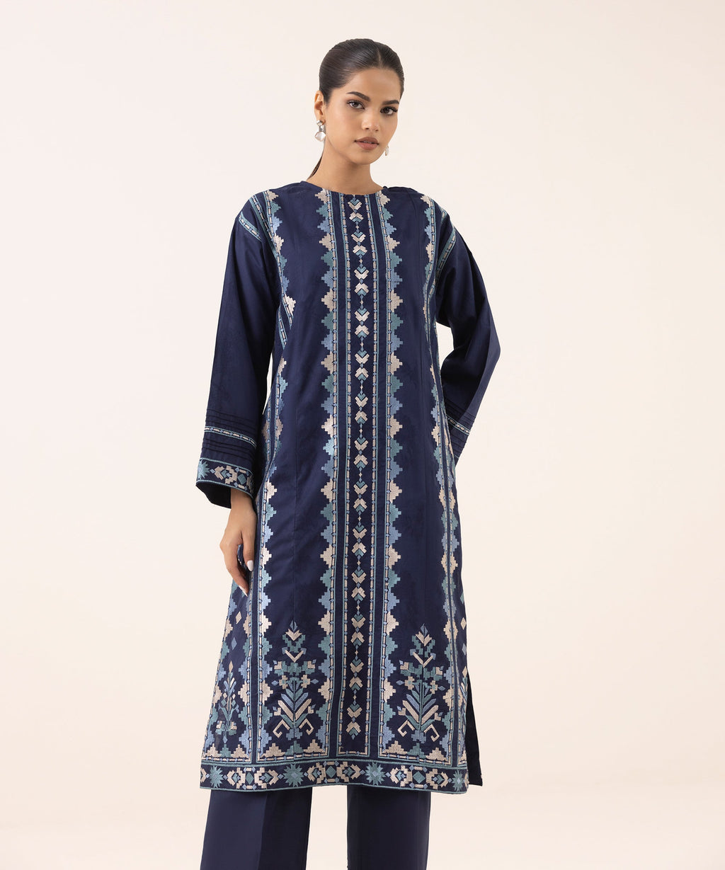 Women's RTW Cotton Jacquard Blue Embroidered Boxy Shirt