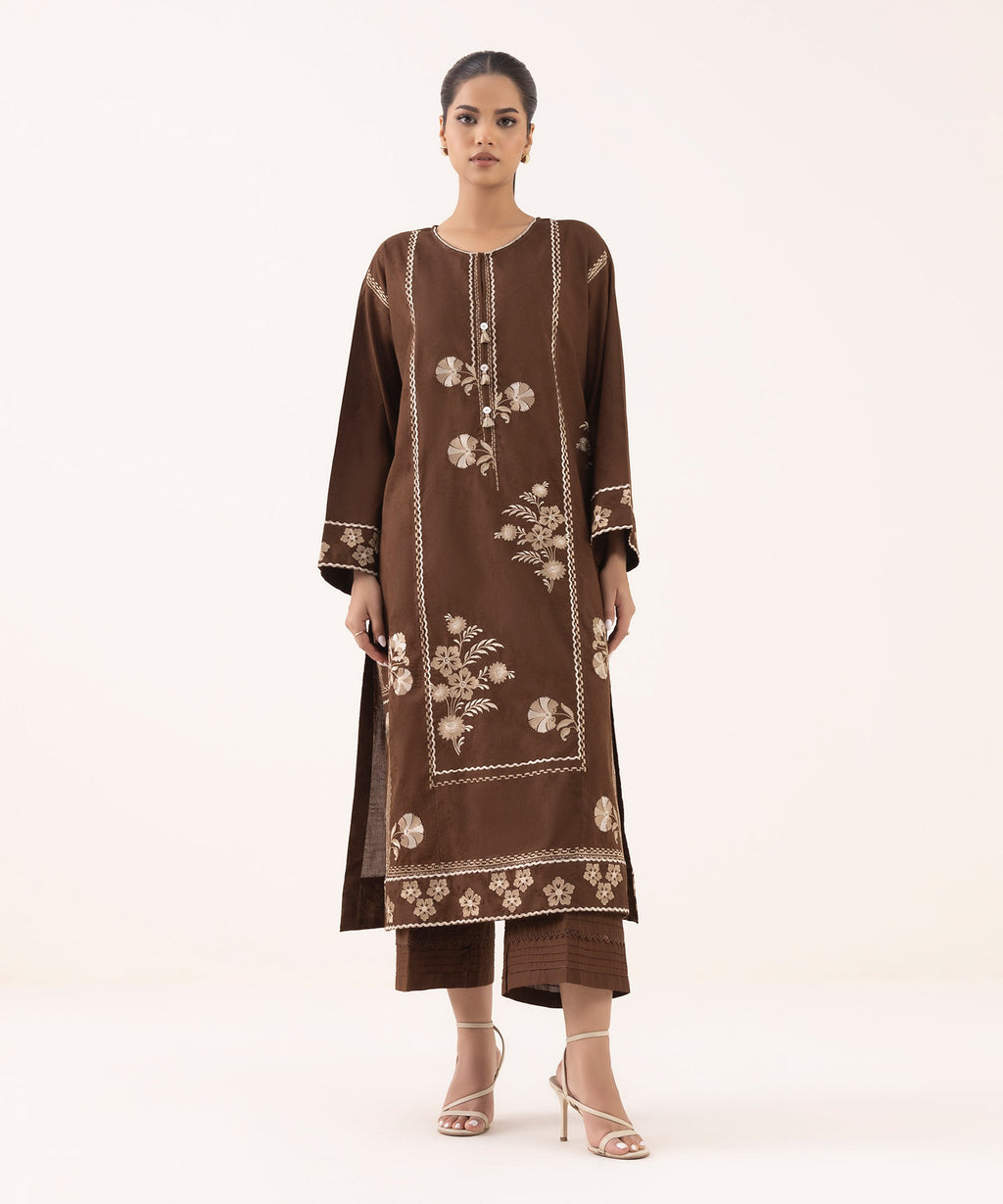 Women's RTW Cotton Jacquard Brown Embroidered Boxy Shirt