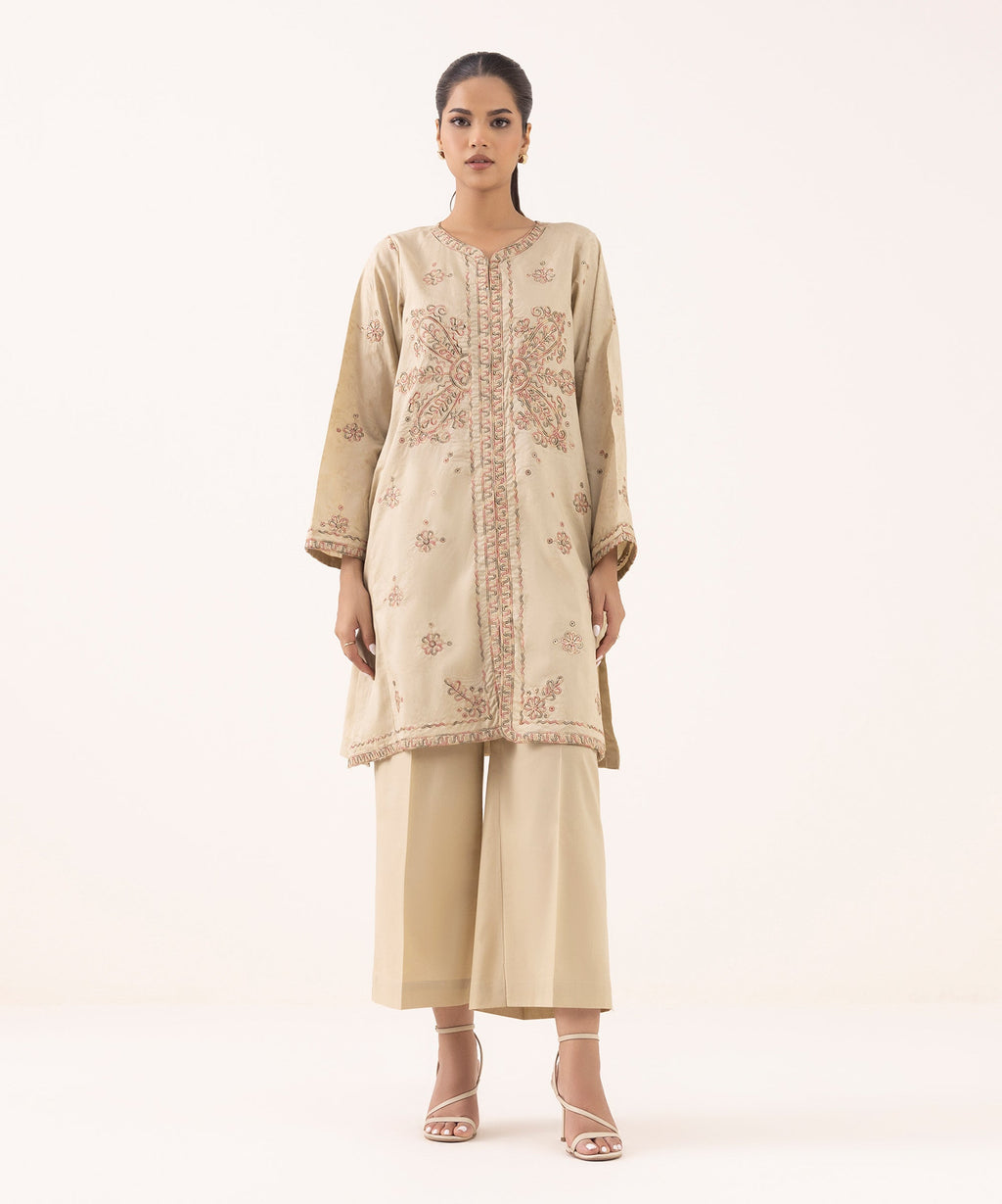 Women's RTW Cotton Jacquard Beige Embroidered A-Line Shirt