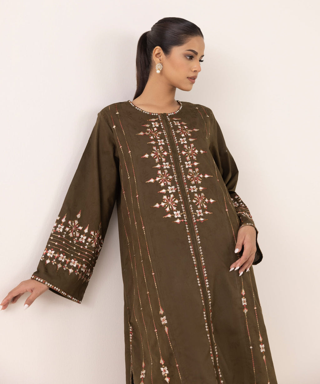 Women's RTW Cotton Jacquard Brown Embroidered A-Line Shirt