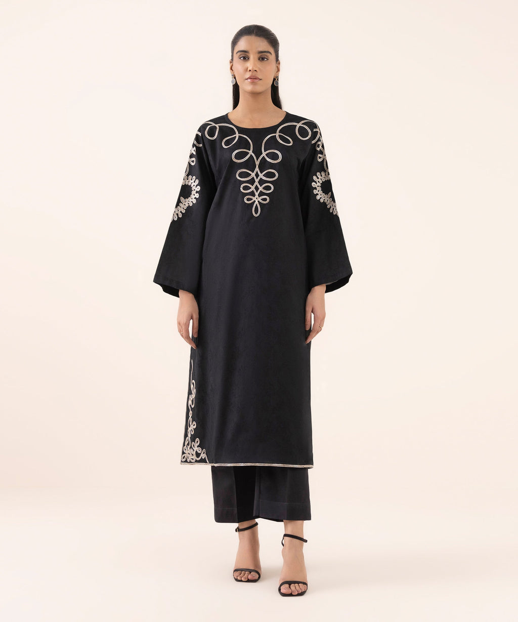 Women's RTW Cotton Jacquard Black Embroidered Boxy Shirt