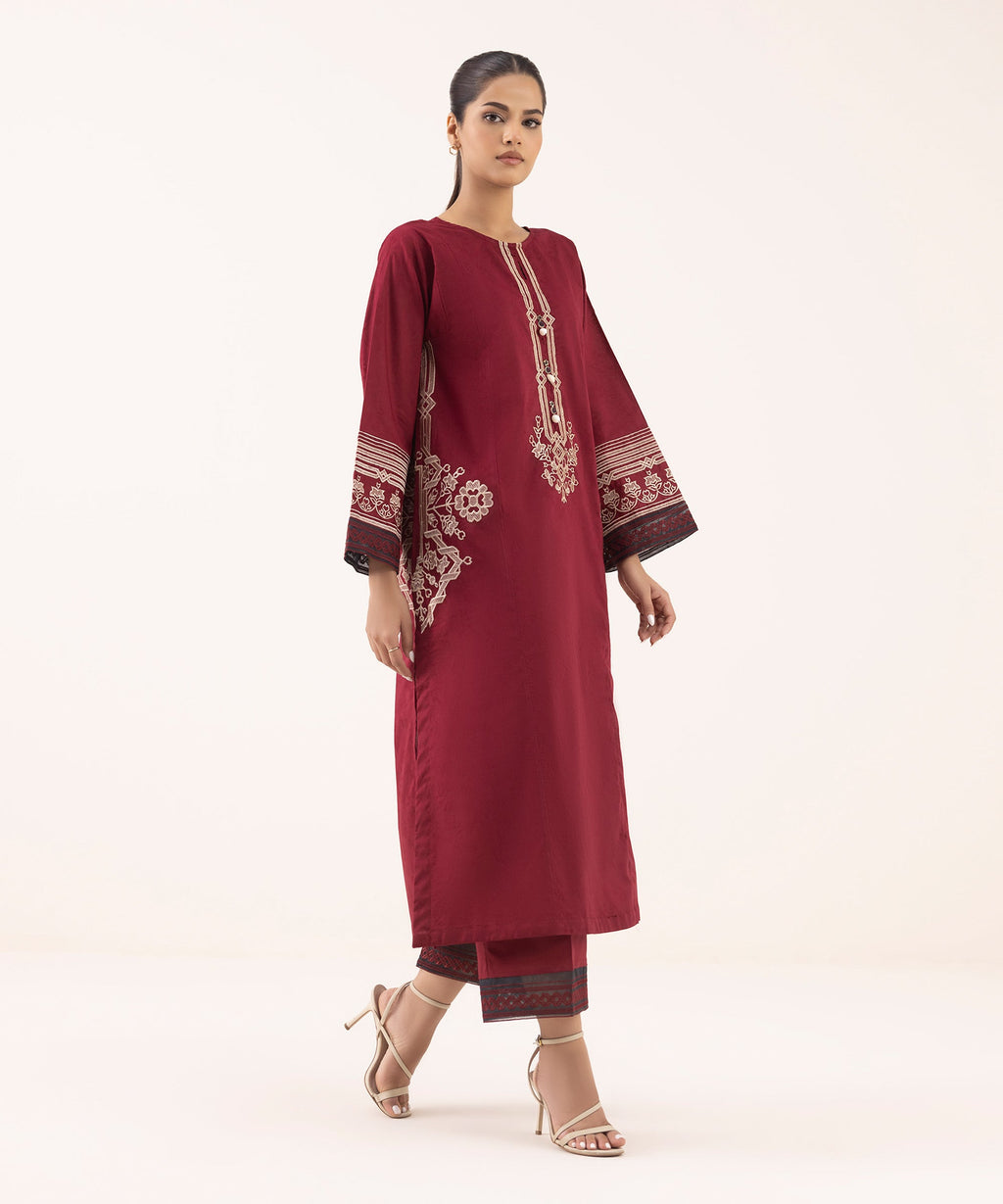 Women's RTW Cotton Jacquard Red Embroidered Boxy Shirt