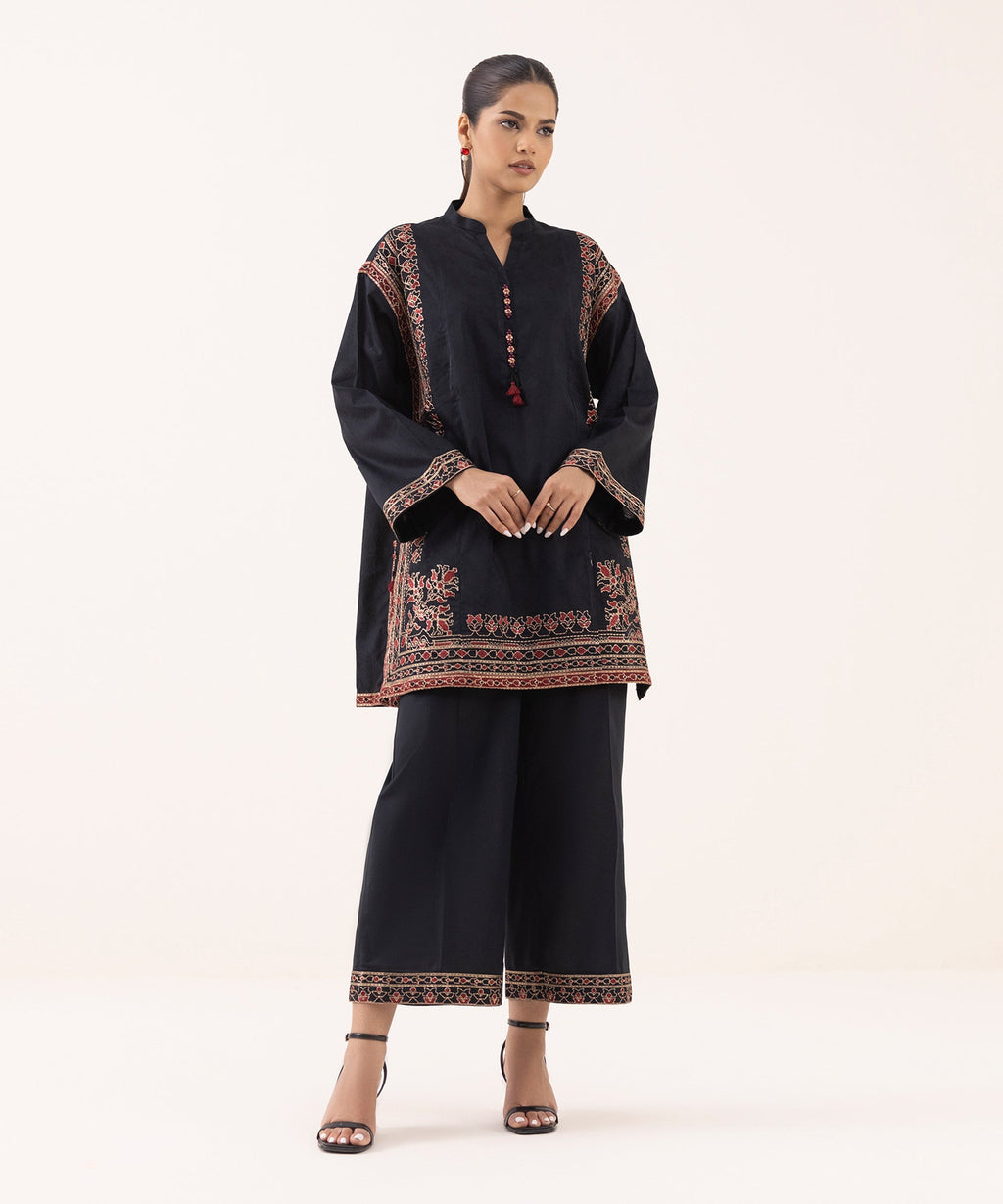 Women's RTW Cotton Jacquard Black Embroidered Boxy Shirt