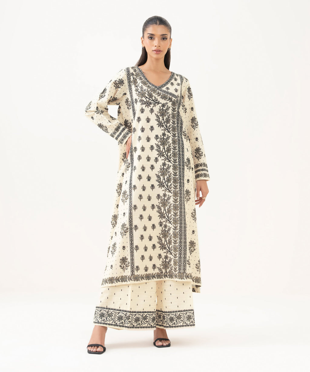 Women's RTW Light Khaddar Printed A-Line Off White Shirt