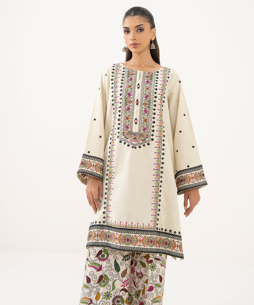 Women's RTW Light Khaddar Embroidered A-Line Off White Shirt