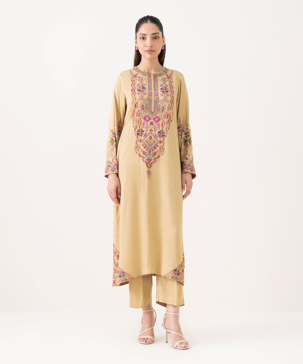 Women's RTW Bedford  Embroidered Beige A-Line Shirt