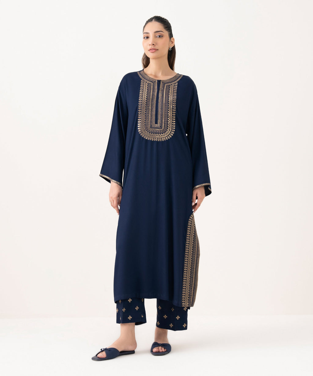 Women's RTW Bedford  Embroidered Blue A-Line Shirt