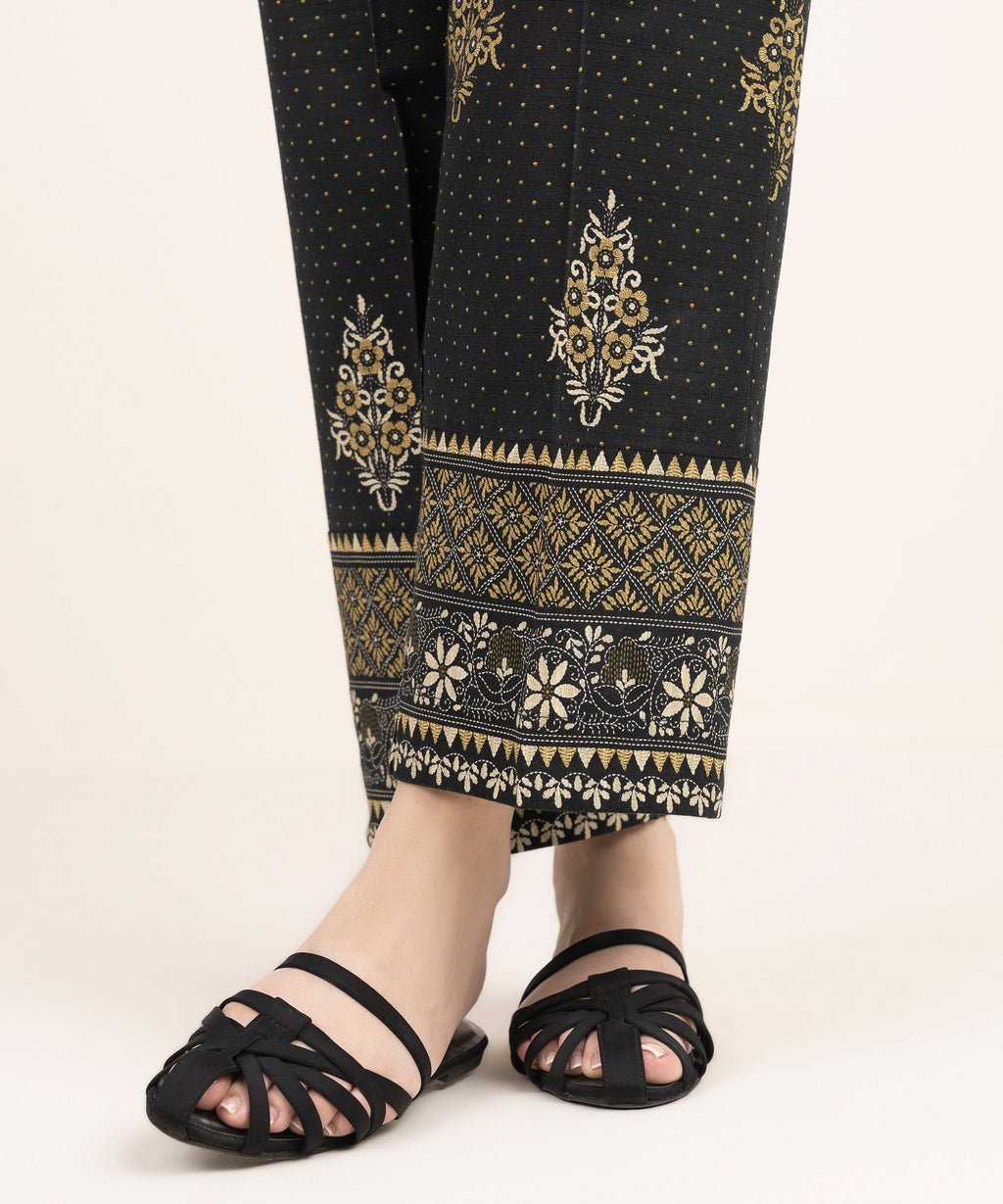 Women's RTW Khaddar Printed Black Straight Pants