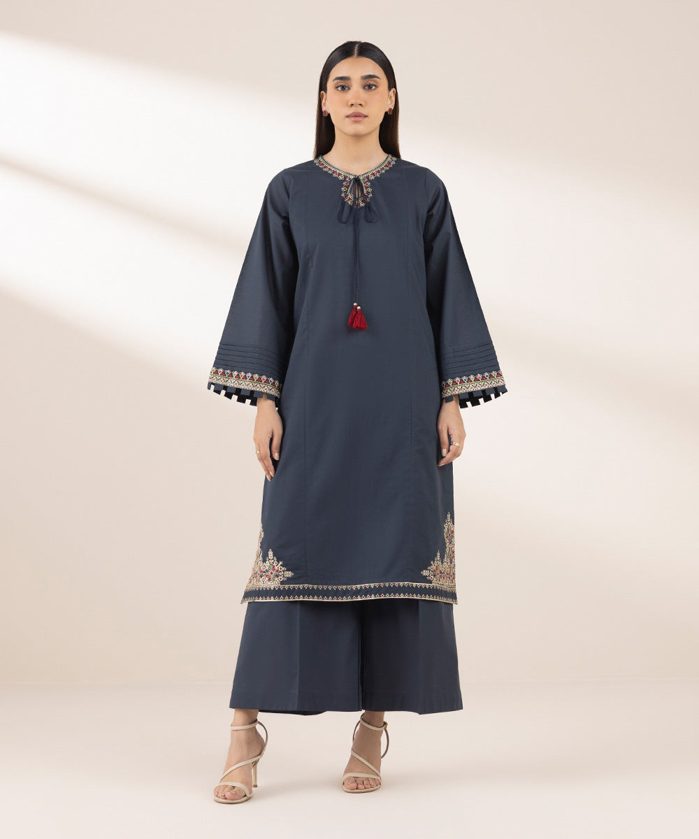 Women's RTW Cross Hatch Blue Embroidered A-Line Shirt