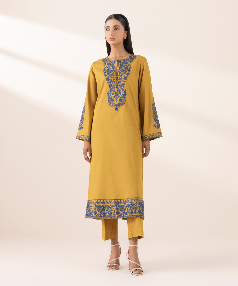 Women's Pret Dobby Yellow Embroidered A-Line Shirt