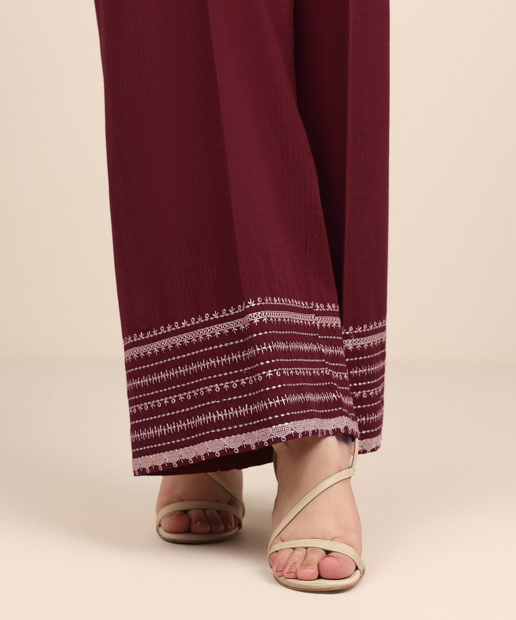 Women's RTW Textured Cotton Red Embroidered Culottes