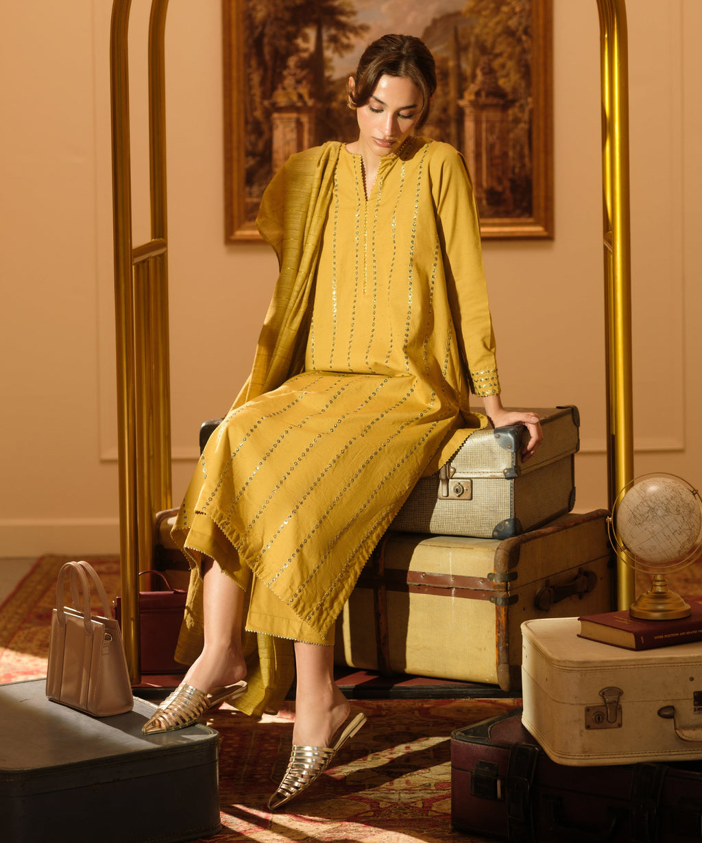 Women's RTW Multineps Embroidered Mustard A-Line Shirt