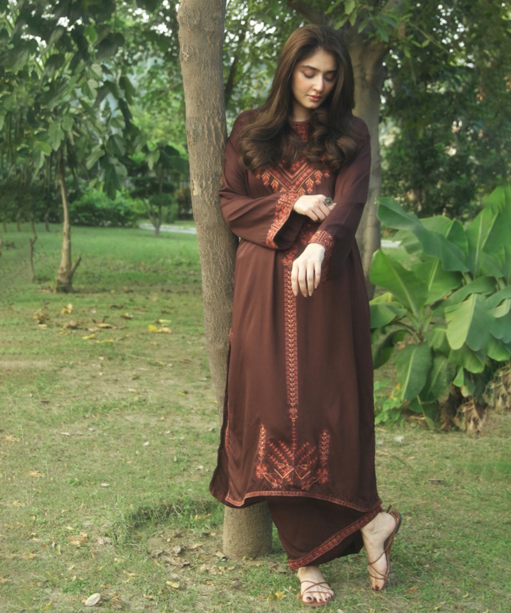 Women's RTW Bedford  Embroidered Brown Drop Shoulder Shirt