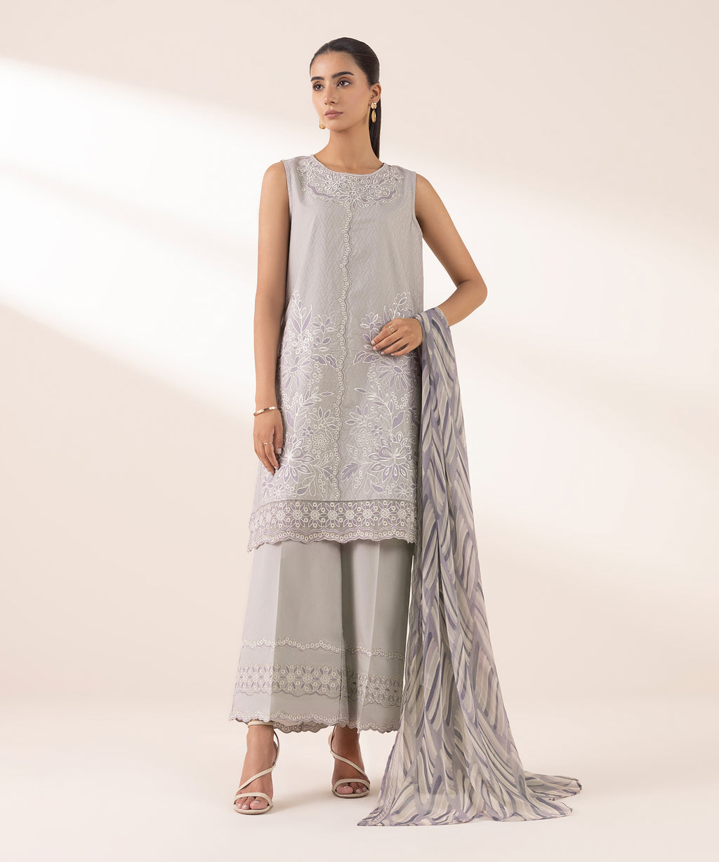 3 Piece - Embroidered Cotton Jacquard Suit
