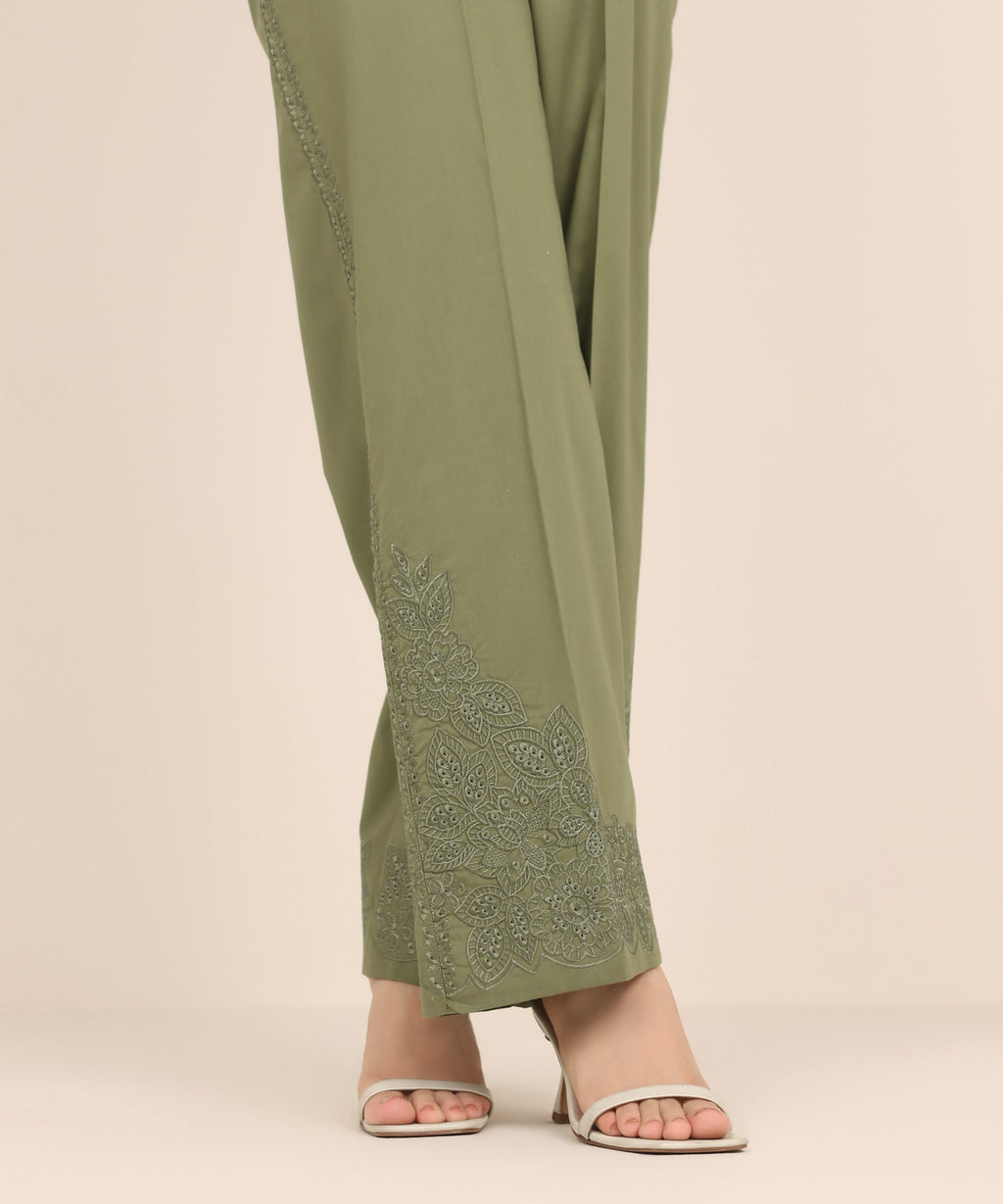 Women's RTW Cambric Green Embroidered Straight Pants