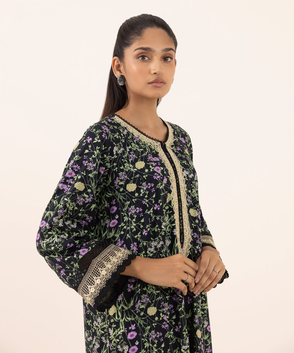 Women's RTW Arabic Lawn Black Embroidered A-Line Shirt