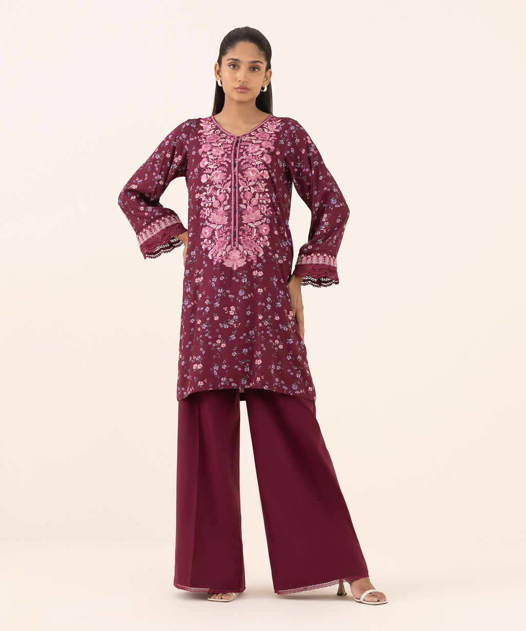 Women's RTW Arabic Lawn Purple Embroidered A-Line Shirt