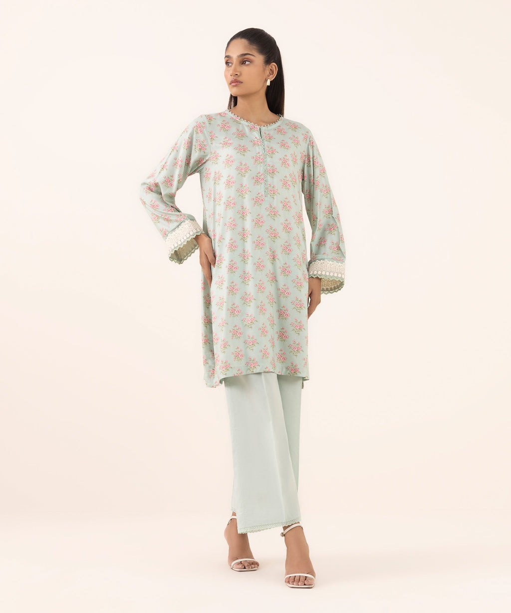 Women's RTW Arabic Lawn Blue Embroidered A-Line Shirt