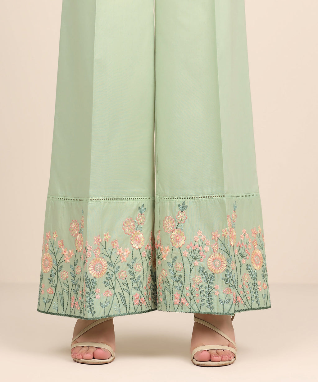 Women's RTW Cambric Green Embroidered Flared Pants